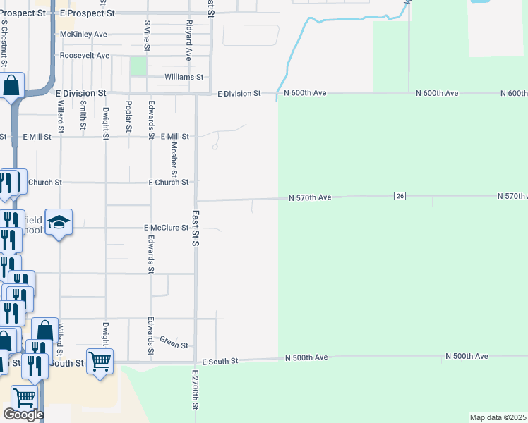 map of restaurants, bars, coffee shops, grocery stores, and more near 609-611 East Church Street in Kewanee