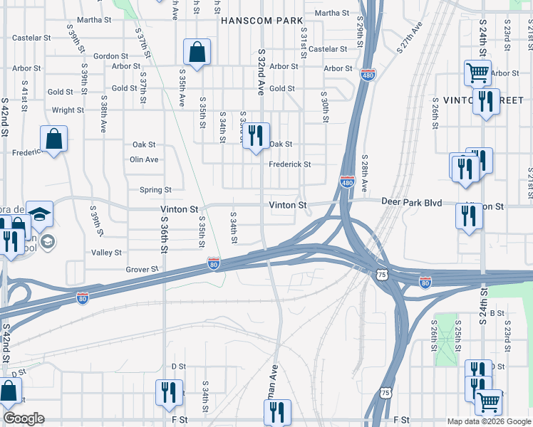 map of restaurants, bars, coffee shops, grocery stores, and more near 3126 Hascall Street in Omaha