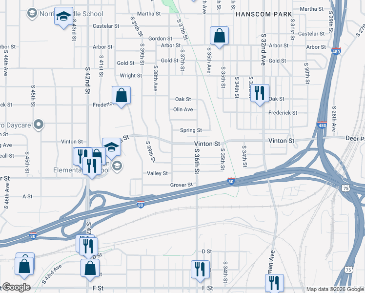 map of restaurants, bars, coffee shops, grocery stores, and more near 3615 Vinton Street in Omaha