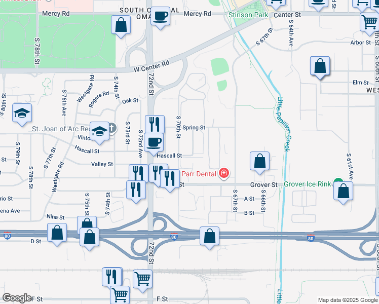 map of restaurants, bars, coffee shops, grocery stores, and more near 3221 South 70th Street in Omaha