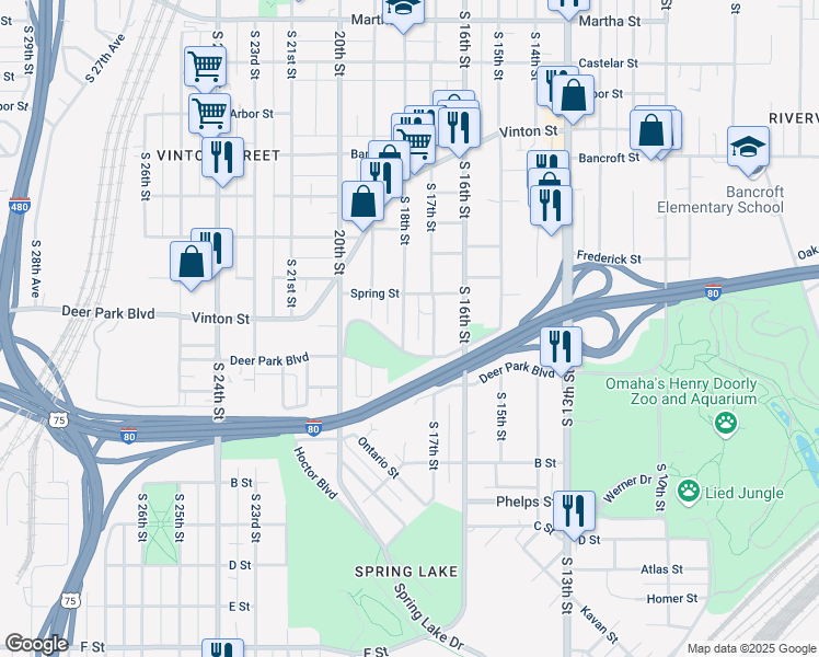 map of restaurants, bars, coffee shops, grocery stores, and more near 3129 South 18th Street in Omaha