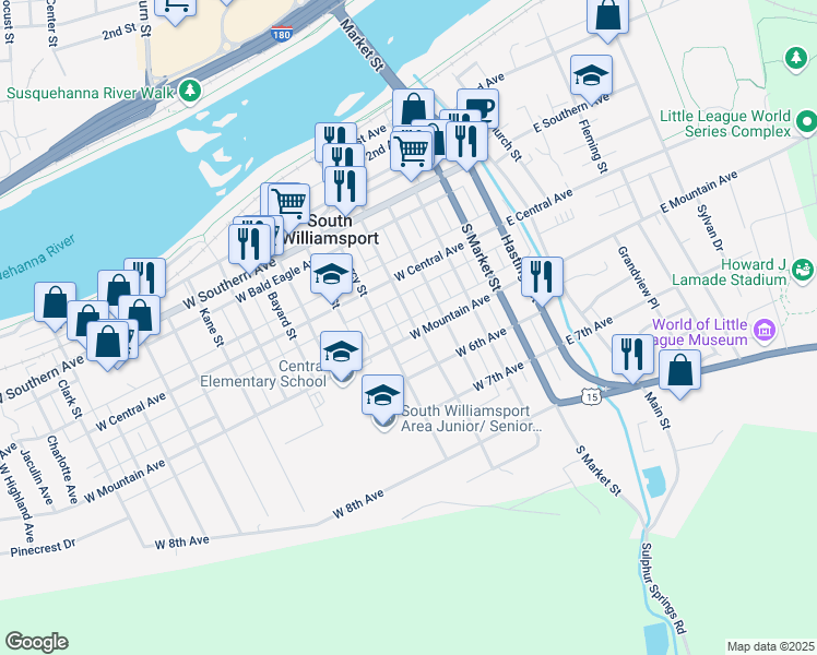 map of restaurants, bars, coffee shops, grocery stores, and more near 468 Curtin Street in South Williamsport