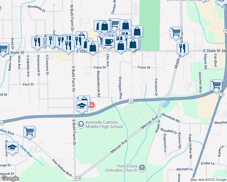 map of restaurants, bars, coffee shops, grocery stores, and more near 249 Ellis Avenue in Hermitage