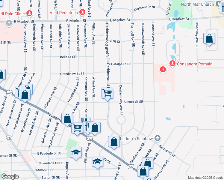 map of restaurants, bars, coffee shops, grocery stores, and more near 847 Perkinswood Boulevard Southeast in Warren