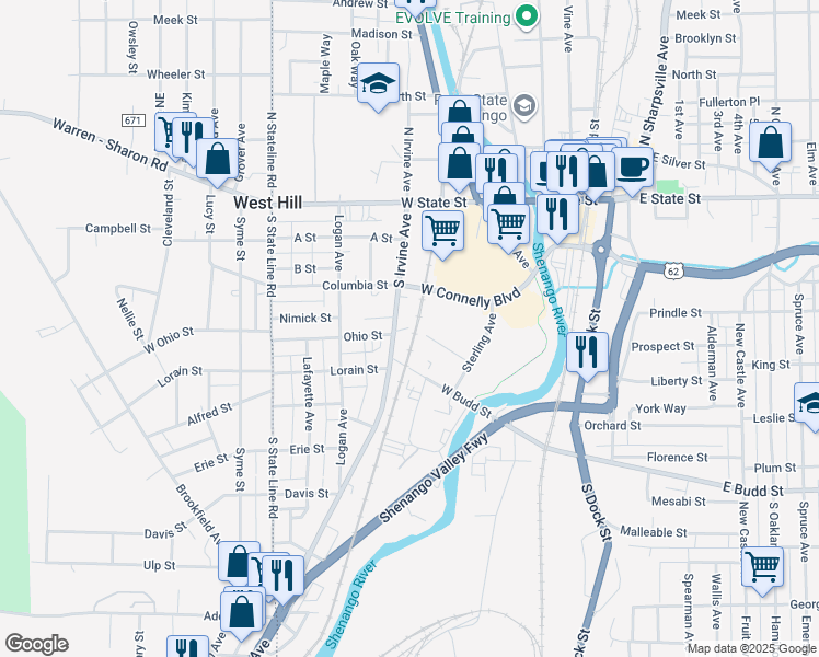map of restaurants, bars, coffee shops, grocery stores, and more near 201 Ohio Street in Sharon