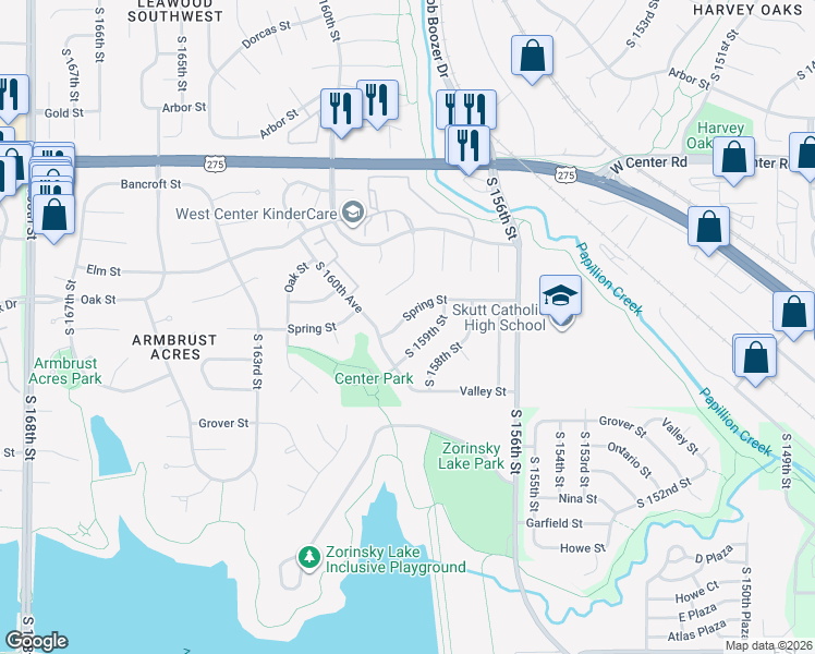map of restaurants, bars, coffee shops, grocery stores, and more near 15935 Spring Street in Omaha