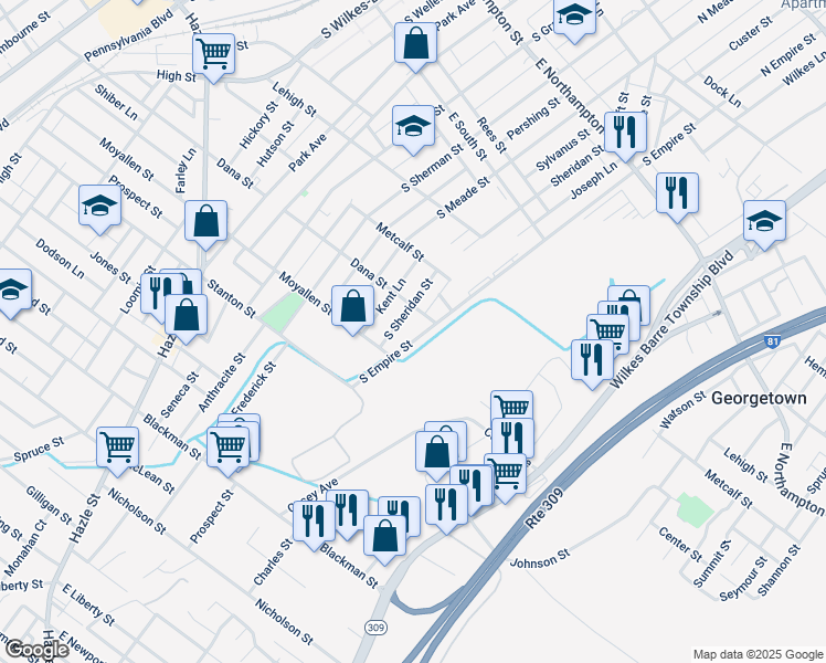 map of restaurants, bars, coffee shops, grocery stores, and more near 401 South Empire Street in Wilkes-Barre