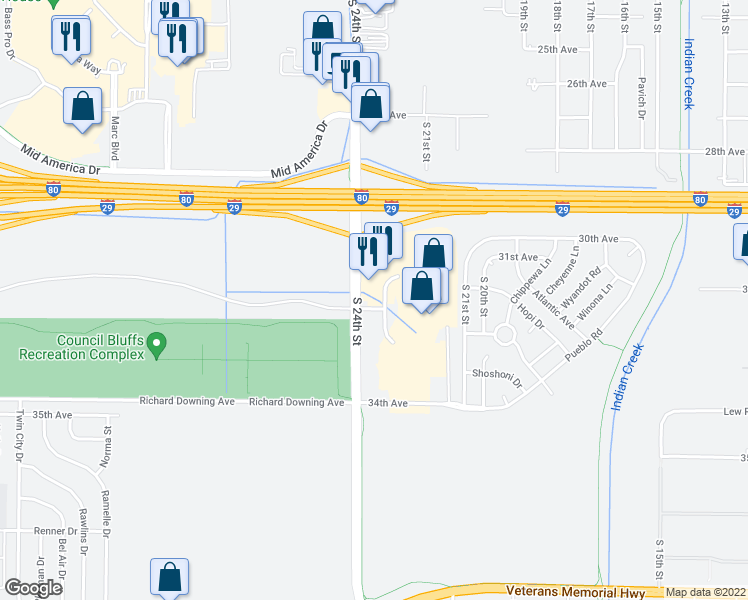 map of restaurants, bars, coffee shops, grocery stores, and more near 3265 South 24th Street in Council Bluffs