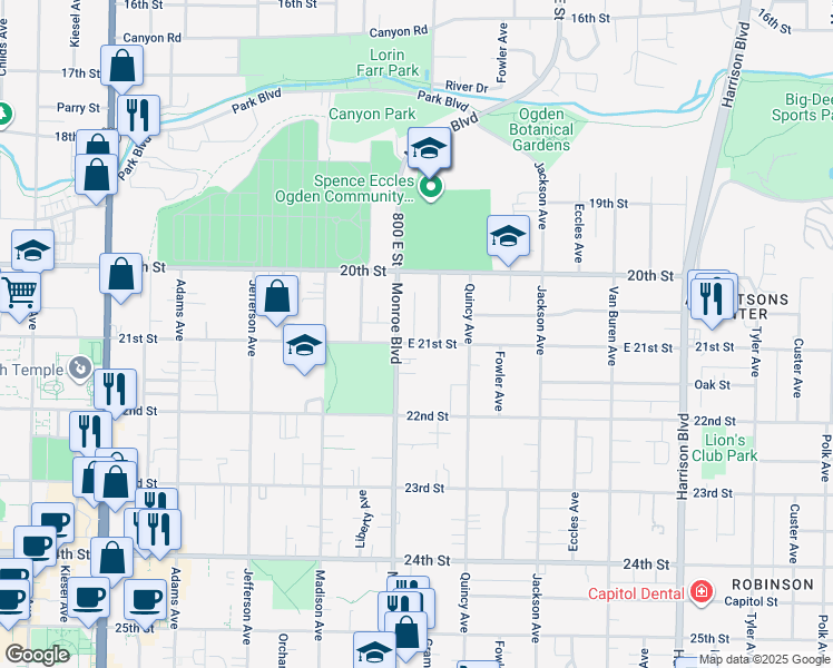 map of restaurants, bars, coffee shops, grocery stores, and more near 820 East 21st Street in Ogden