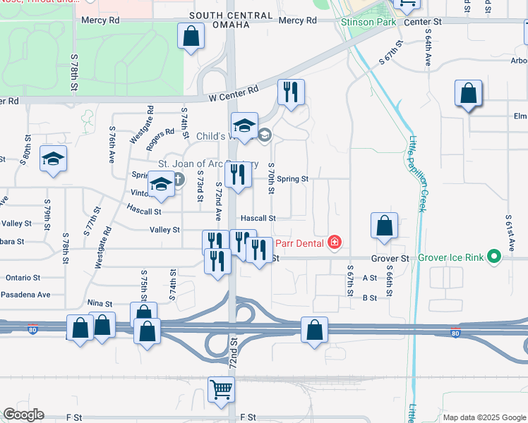 map of restaurants, bars, coffee shops, grocery stores, and more near 7010 Hascall Street in Omaha