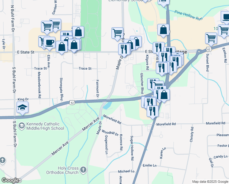 map of restaurants, bars, coffee shops, grocery stores, and more near 279 Maple Drive in Hermitage