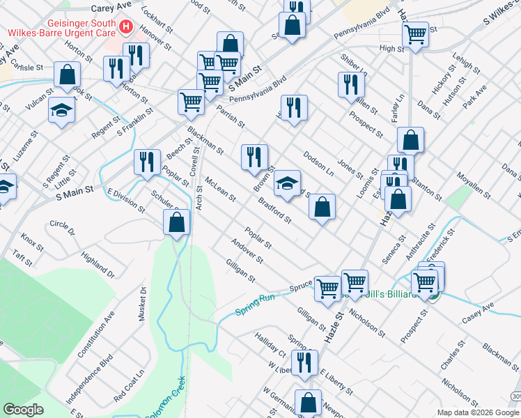 map of restaurants, bars, coffee shops, grocery stores, and more near 175 Blackman Street in Wilkes-Barre