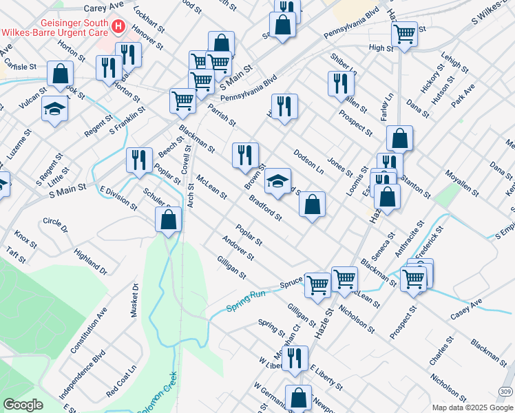 map of restaurants, bars, coffee shops, grocery stores, and more near 137 Bradford Street in Wilkes-Barre