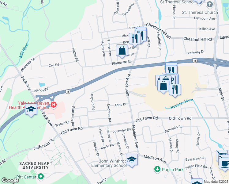 map of restaurants, bars, coffee shops, grocery stores, and more near 18 Bonheur Road in Trumbull