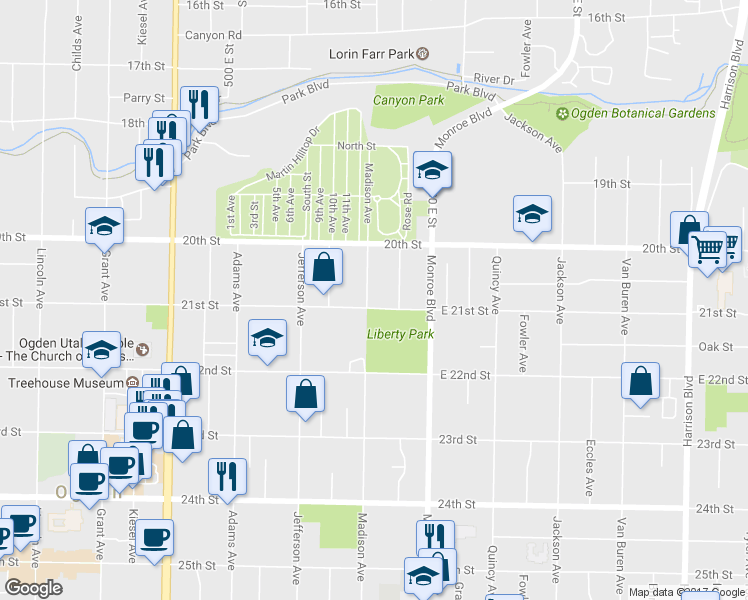map of restaurants, bars, coffee shops, grocery stores, and more near 706 East 21st Street in Ogden