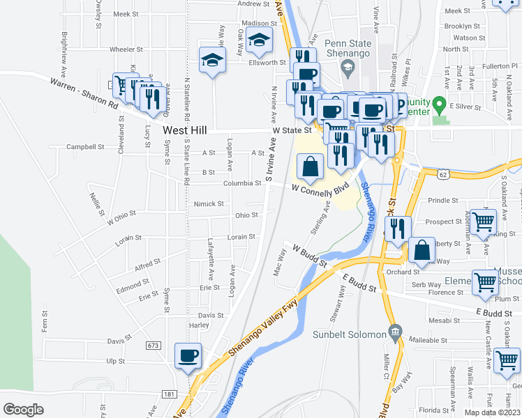 map of restaurants, bars, coffee shops, grocery stores, and more near 201-299 Ohio Street in Sharon