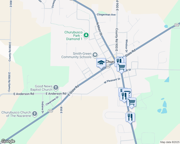 map of restaurants, bars, coffee shops, grocery stores, and more near 401-499 West Washington Street in Churubusco