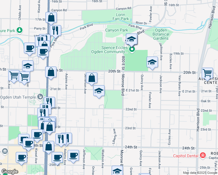 map of restaurants, bars, coffee shops, grocery stores, and more near 706 East 21st Street in Ogden