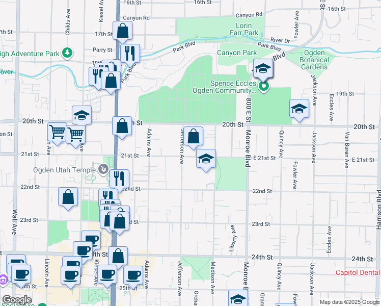 map of restaurants, bars, coffee shops, grocery stores, and more near 600 East 21st Street in Ogden
