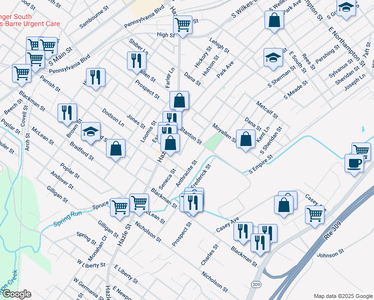 map of restaurants, bars, coffee shops, grocery stores, and more near 7 Anthracite Street in Wilkes-Barre