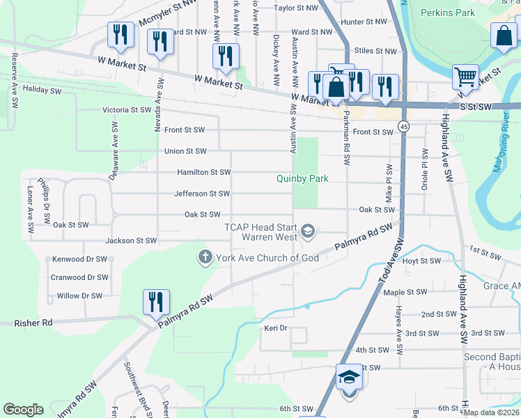 map of restaurants, bars, coffee shops, grocery stores, and more near 1402 Oak Street Southwest in Warren