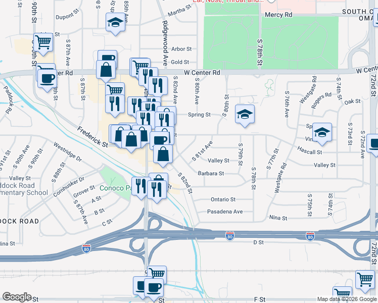 map of restaurants, bars, coffee shops, grocery stores, and more near 3404 South 81st Avenue in Omaha