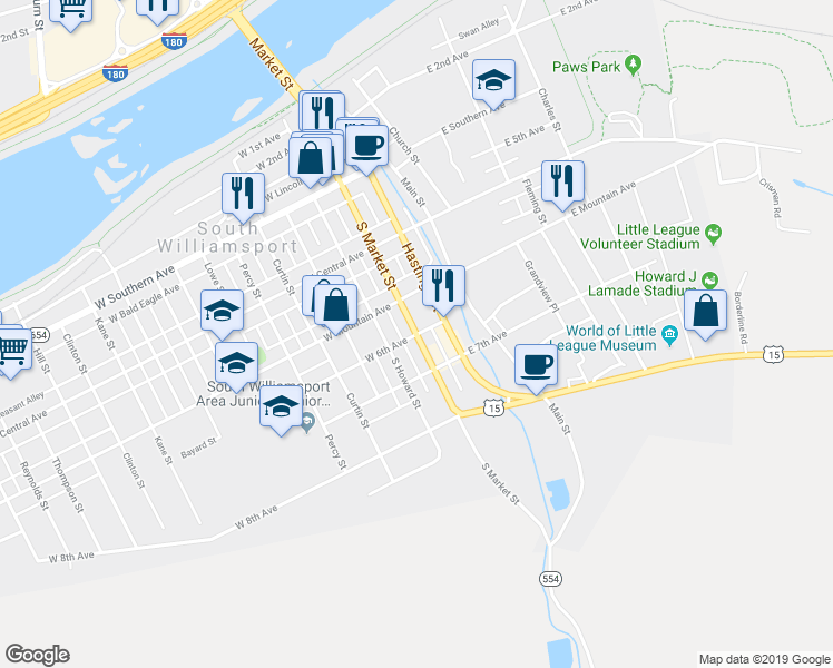 map of restaurants, bars, coffee shops, grocery stores, and more near South Market Street in South Williamsport