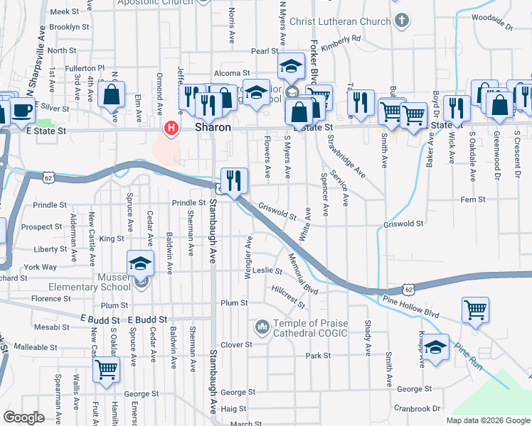 map of restaurants, bars, coffee shops, grocery stores, and more near 1056 Griswold Street in Sharon
