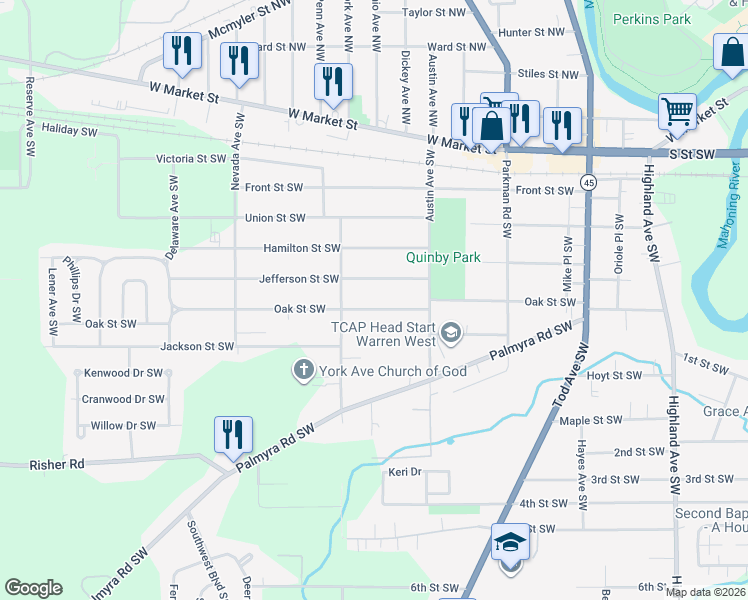 map of restaurants, bars, coffee shops, grocery stores, and more near 1402 Oak Street Southwest in Warren
