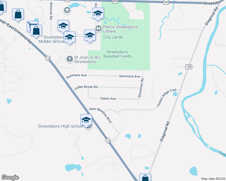 map of restaurants, bars, coffee shops, grocery stores, and more near 2080 Valley Brook Road in Streetsboro