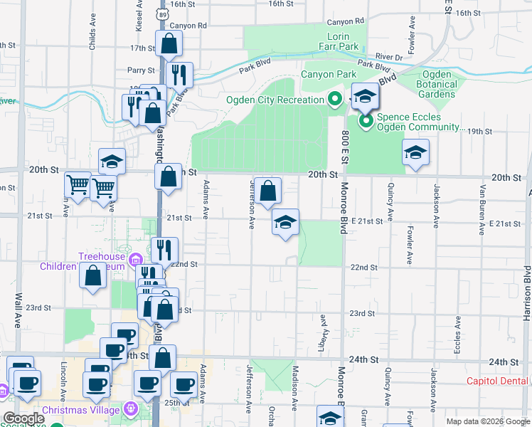 map of restaurants, bars, coffee shops, grocery stores, and more near 622 East 21st Street in Ogden