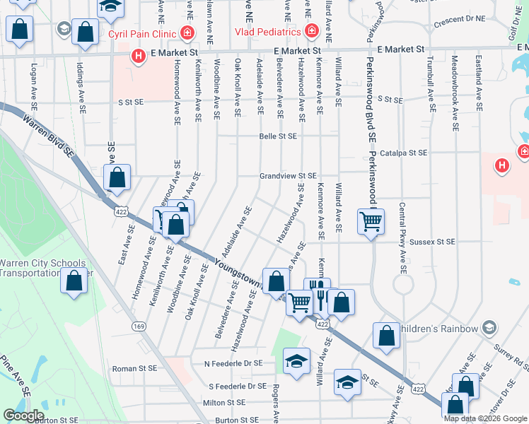 map of restaurants, bars, coffee shops, grocery stores, and more near 946 Belvedere Avenue Southeast in Warren