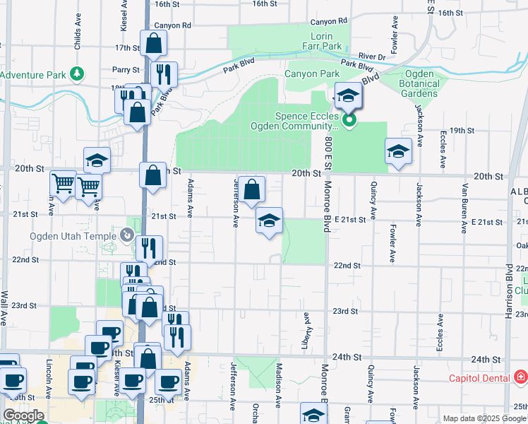 map of restaurants, bars, coffee shops, grocery stores, and more near 654 East 21st Street in Ogden
