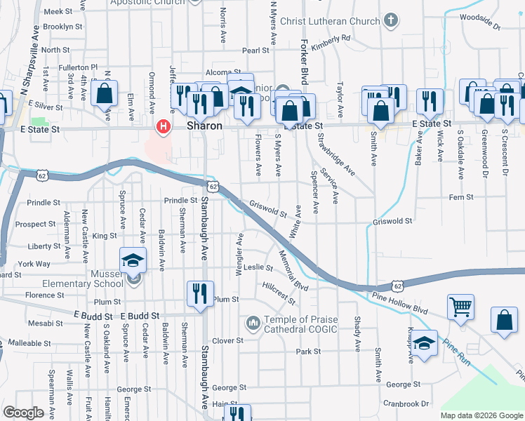 map of restaurants, bars, coffee shops, grocery stores, and more near 1056 Griswold Street in Sharon