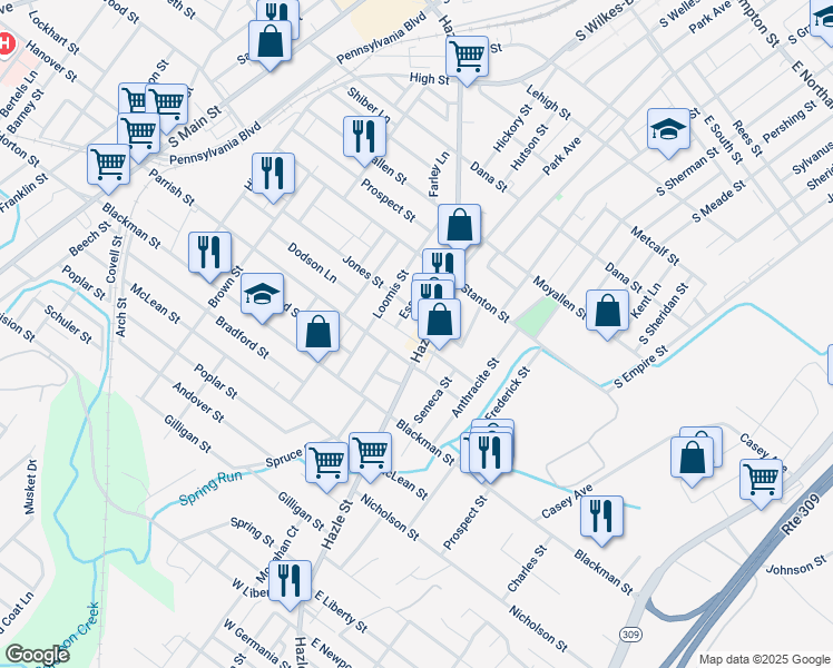 map of restaurants, bars, coffee shops, grocery stores, and more near 445 Hazle Street in Wilkes-Barre