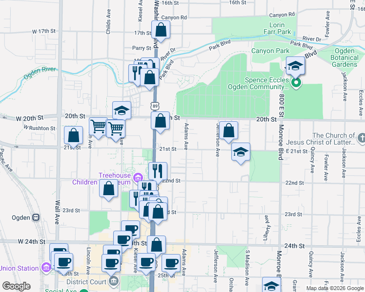 map of restaurants, bars, coffee shops, grocery stores, and more near 2099 Adams Avenue in Ogden