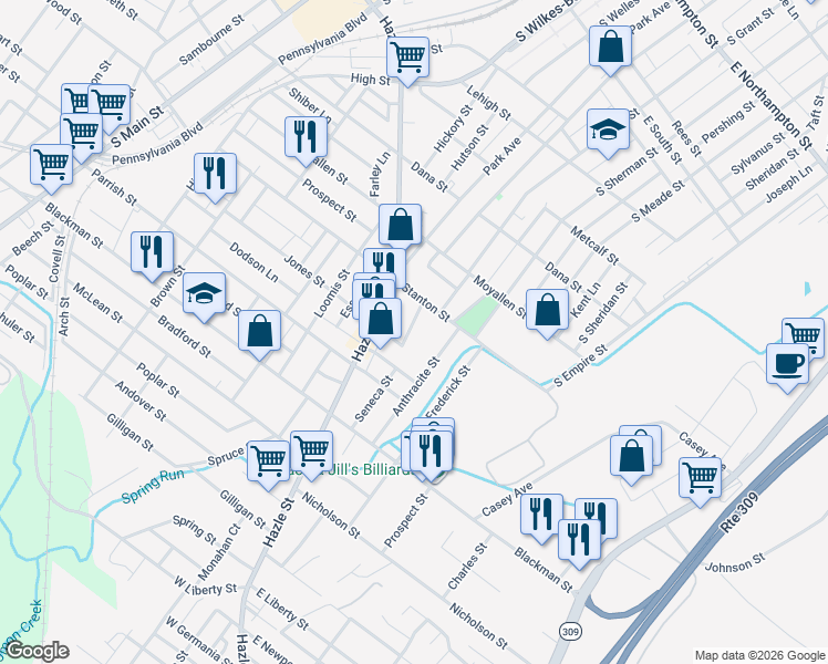 map of restaurants, bars, coffee shops, grocery stores, and more near 7 Anthracite Street in Wilkes-Barre