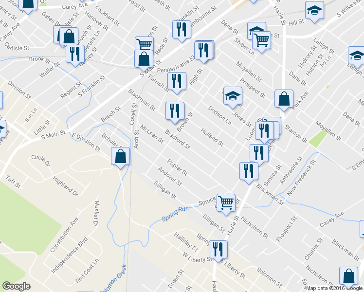 map of restaurants, bars, coffee shops, grocery stores, and more near 137 Bradford Street in Wilkes-Barre
