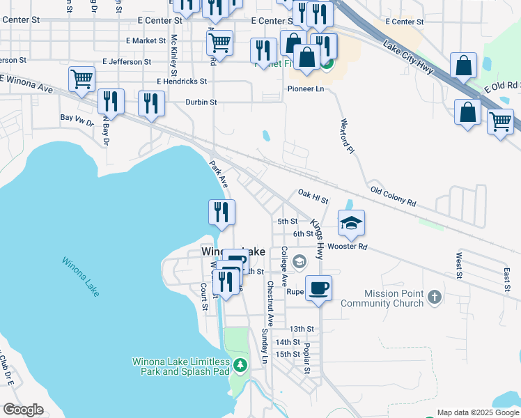 map of restaurants, bars, coffee shops, grocery stores, and more near 208 Chestnut Avenue in Winona Lake