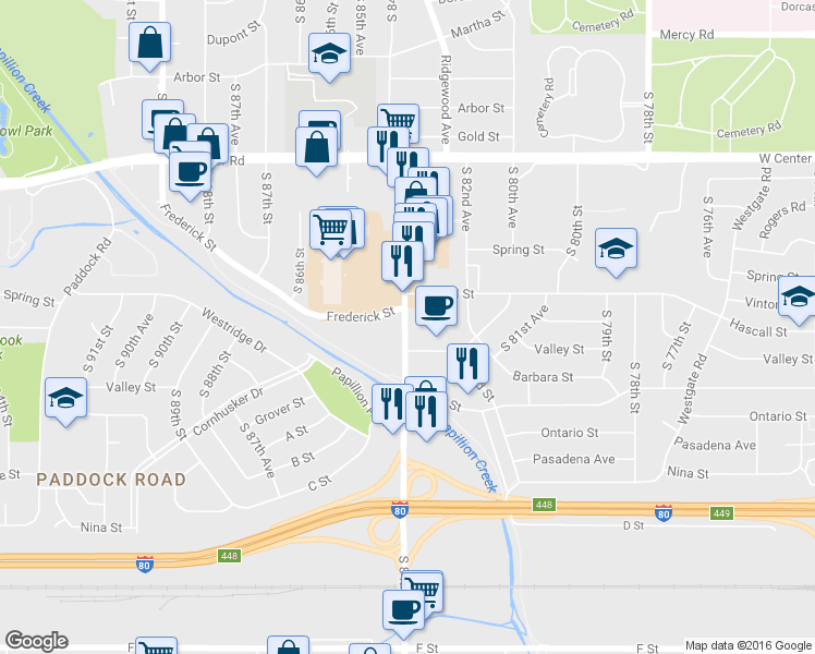 map of restaurants, bars, coffee shops, grocery stores, and more near 3461 South 84th Street in Omaha