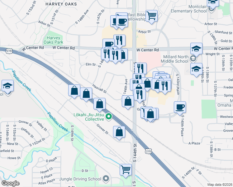 map of restaurants, bars, coffee shops, grocery stores, and more near 14458 Hascall Street in Omaha