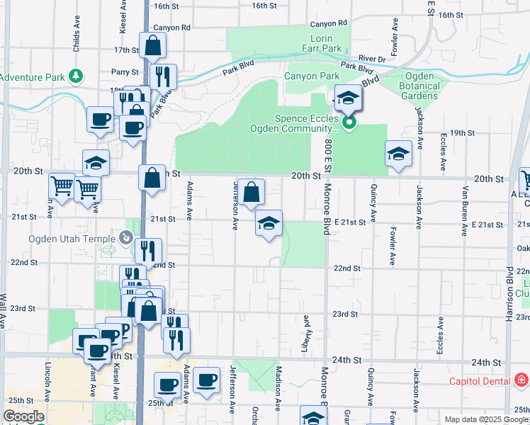 map of restaurants, bars, coffee shops, grocery stores, and more near 654 East 21st Street in Ogden