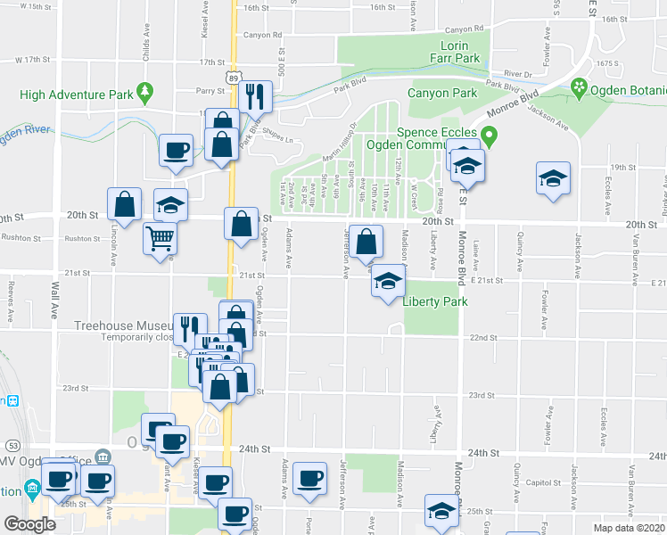 map of restaurants, bars, coffee shops, grocery stores, and more near 540 21st Street in Ogden
