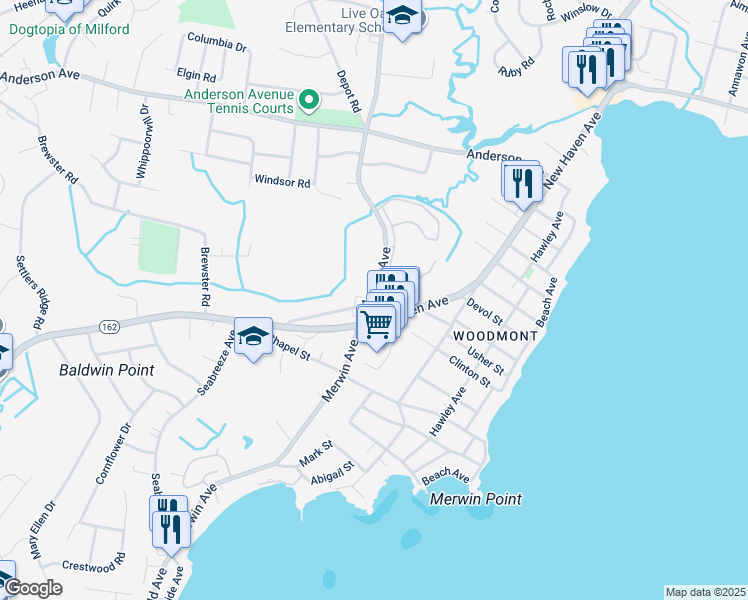 map of restaurants, bars, coffee shops, grocery stores, and more near in Milford