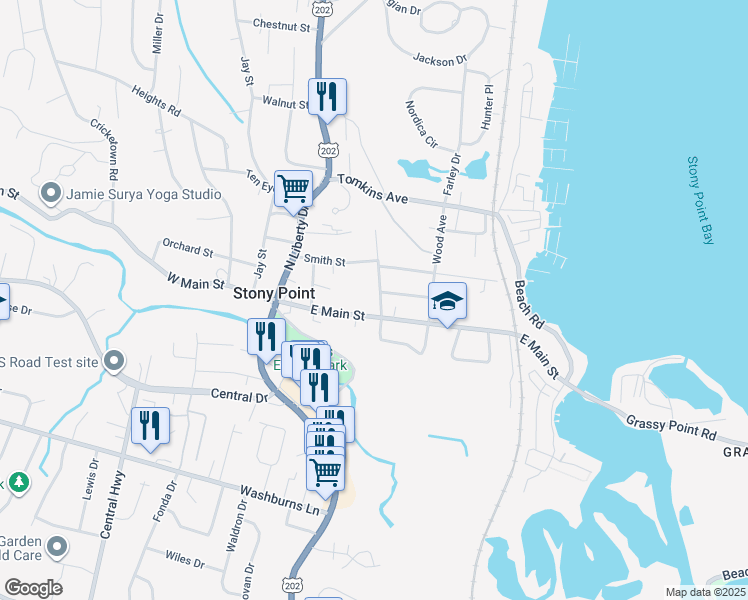 map of restaurants, bars, coffee shops, grocery stores, and more near 55 East Main Street in Stony Point