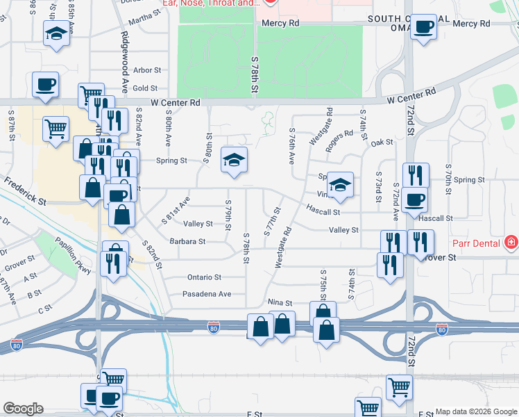 map of restaurants, bars, coffee shops, grocery stores, and more near 3290 South 77th Avenue in Omaha