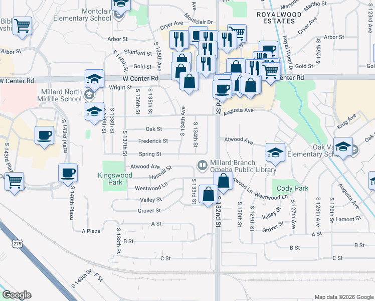 map of restaurants, bars, coffee shops, grocery stores, and more near 13325 Spring Street in Omaha