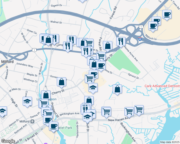 map of restaurants, bars, coffee shops, grocery stores, and more near 188 Cherry Street in Milford