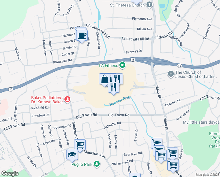 map of restaurants, bars, coffee shops, grocery stores, and more near 5065 Main Street in Trumbull