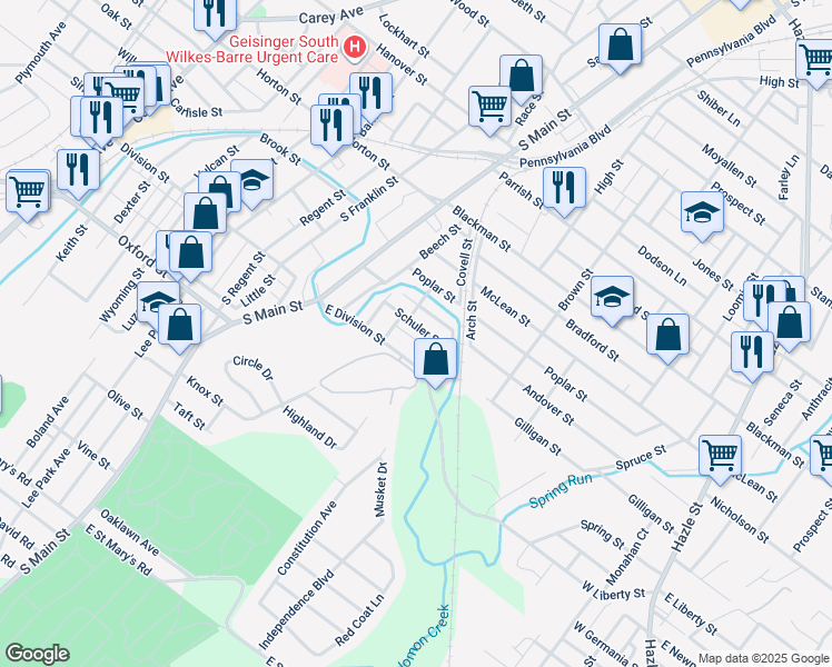 map of restaurants, bars, coffee shops, grocery stores, and more near 43 Schuler Street in Wilkes-Barre